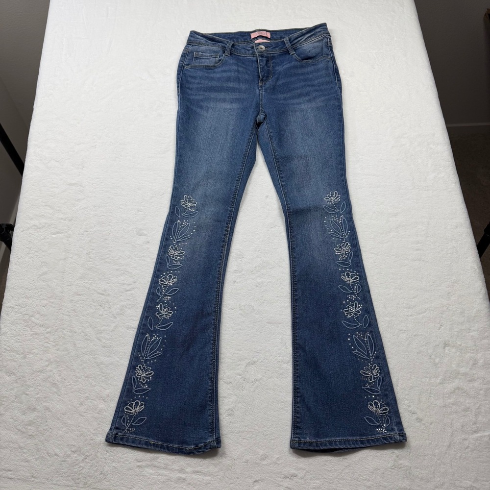 Squeeze Flare Jeans Girls Size 12 Blue Excellent Floral Embroidered Rhinestone